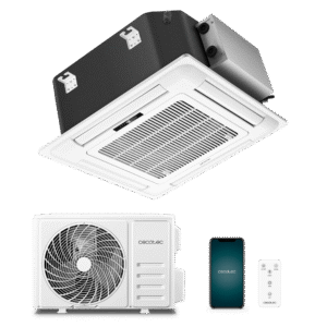 AirClima 12000 Cassette Climatiseur cassette connecté de 12000 BTU avec pompe à chaleur, télécommande, écran LED et contrôle WiFi. Système inverseur. 5 modes et 8 vitesses. Déshumidification quotidienne de 24 L/jour et surface de couverture de 22 m2. Débit d'air de 600 m3/h, minuterie 24 heures, filtre à air, gaz R32, moteur DC. Classe énergétique A++/A+ et puissance de 3400 W pour le froid et 3420 W pour le chaud.Aire acondicionado