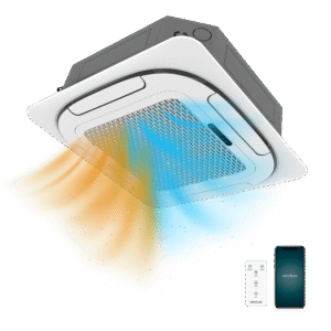 Climatiseur cassette d'intérieur connecté AirClima 18000 de 18 000 BTU avec pompe à chaleur, télécommande, écran LED et contrôle Wi-Fi. Système Inverter. 5 modes et 8 vitesses. Déshumidification quotidienne de 28,8 l/jour et zone de couverture de 35 m². Débit d'air de 800 m³/h, minuterie 24 h, filtre à air, gaz R32, moteur à courant continu. Classe énergétique A++/A+ et puissance de 5 100 W en refroidissement et 5 100 W en chauffage.Climatisation à cassette