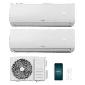 AirClima 18000 Multi Connected Climatisation multi split composée de deux unités intérieures, une de 9000 BTU et une autre de 12000 BTU, plus une unité extérieure de 18000 BTU.Aire acondicionado multi split compuesto por dos unidades interiores