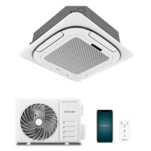 AirClima 24000 Cassette Climatiseur cassette connecté de 24000 BTU avec pompe à chaleur, télécommande, écran LED et contrôle WiFi. Système inverseur. 5 modes et 8 vitesses. Déshumidification quotidienne de 48 L/jour et superficie de couverture de 45 m2. Débit d'air de 1500 m3/h, minuterie 24 heures, filtre à air, gaz R32, moteur DC. Classe énergétique A++/A+ et puissance de 6810 W pour le froid et 6870 W pour le chaud.Aire acondicionado