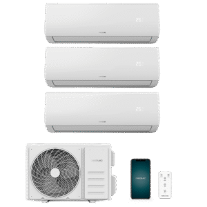 AirClima 27000 Multi Connected Climatisation multi split composée de trois unités intérieures, deux de 9000 BTU et une autre de 12000 BTU, plus une unité extérieure de 27000 BTU.Aire acondicionado multi split compuesto por tres unidades interiores
