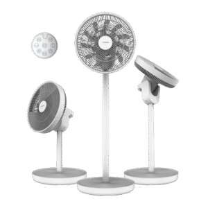 Ventilateur sur pied sans fil portable 3-en-1 sur batterie EnergySilence 2600 Tournesol, 22 W avec moteur BLDC, diamètre 13", grande autonomie grâce à sa batterie 2600 mAh, écran LED, télécommande, commande tactile et oscillation horizontale et verticale.Ventilateur sur pied sans fil alimenté par batterie