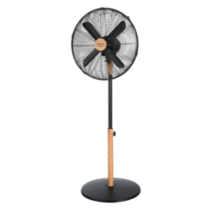 Ventilateur sur pied EnergySilence 600 Woodstyle avec 50 W et finition bois, 16 pouces, 3 vitesses, oscillation, silencieux, hauteur réglable, 4 pales et sécurité maximale.Ventilateur sur pied