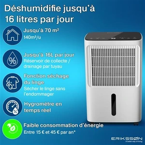 DÉSHUMIDIFICATEUR Erikssøn Déshumidificateur – Dry Pro Plus – Blanc – Déshumidifie jusqu’à 16 litres par jour – Salon, Salle de bain, Chambre DÉSHUMIDIFICATEUR Erikssøn Déshumidificateur - Dry Pro Plus - Blanc - Déshumidifie jusqu'à 16 litres par jour - Salon, Salle de bain, Chambre